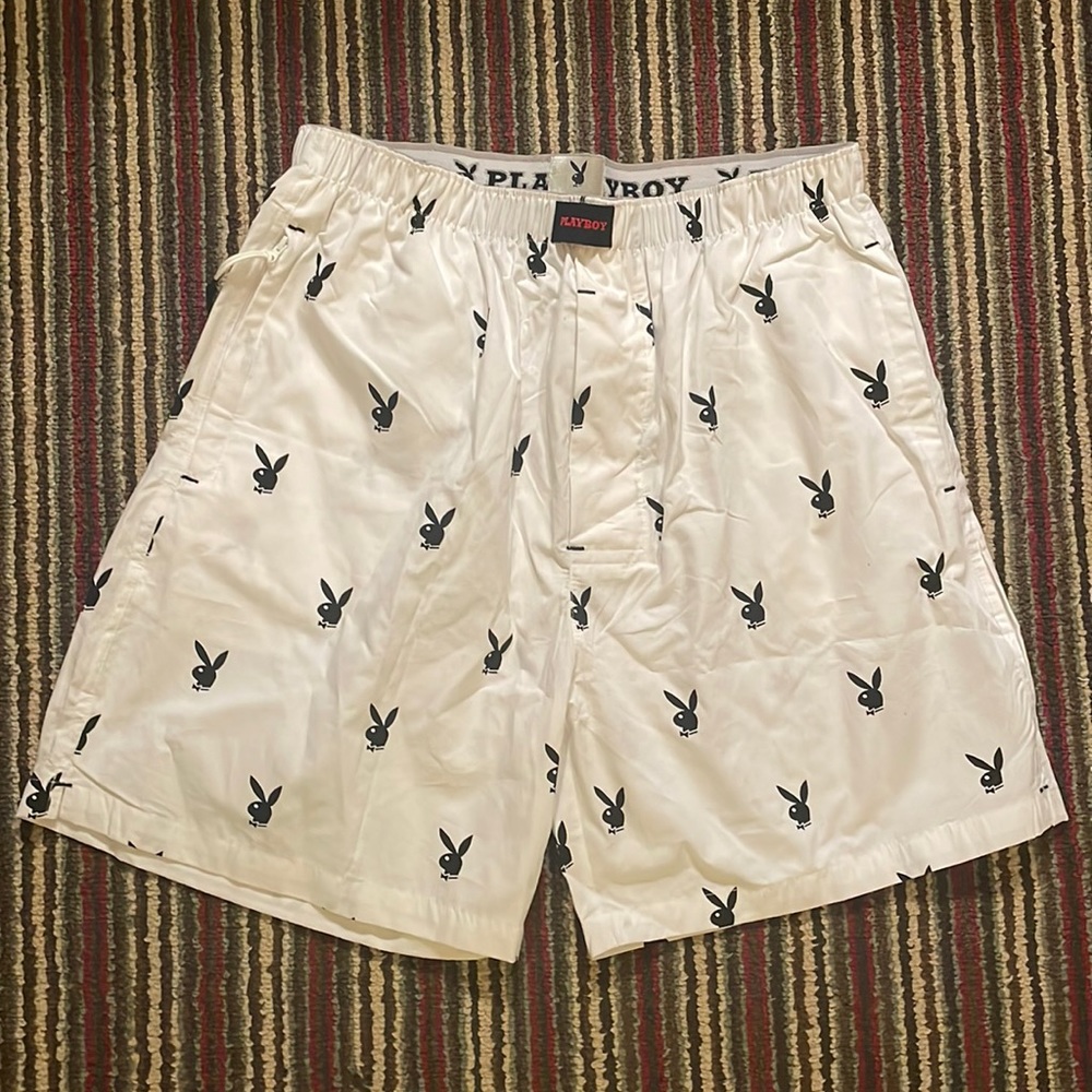 White Playboy Repeating Rabbit Lounge Shorts With Zippered Pockets. Size Large